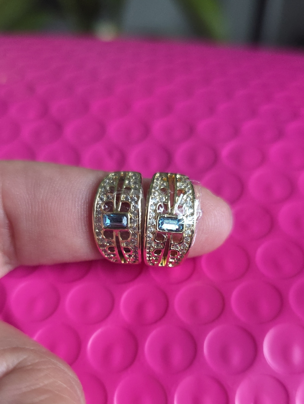 14k Gold Plated Blue Stone Huggie Earrings - Women Jewelry